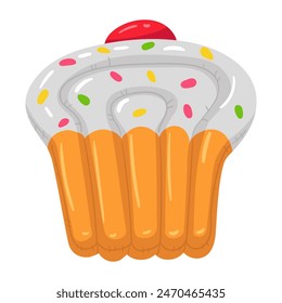 A swimming circle in the form of a cupcake, a large floating inflatable pastry with cream. This colorful inflatable pillow float is perfect for a summer themed pool party. Isolated vector illustration