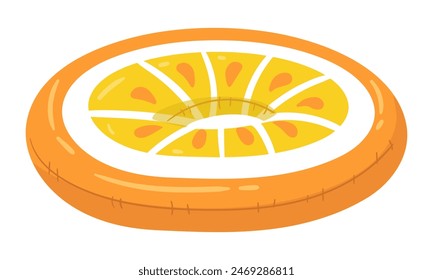 Ein Schwimmkreis in Form einer Orangenscheibe, eine große schwimmende Zitrusfrucht. Dieses leuchtend orange Schwimmkissen ist perfekt für eine Sommer-Themen-Pool-Party. isolierte Vektorillustration