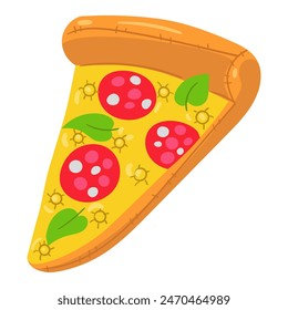 Círculo de natación en forma de rebanada de pizza, un Grande pastel inflable flotante con salchicha. Este colorido flotador inflable de la almohada es perfecto para una fiesta de la piscina temática de verano. Ejemplo aislado