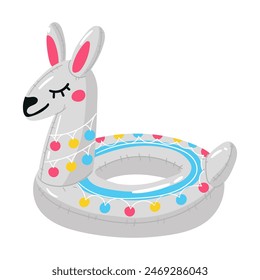 A swimming circle in the form of a white llama with a large long neck, a large swimming animal. This animal float is perfect for a summer themed pool party. Isolated vector illustration