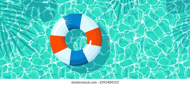 A swimming circle on the exciting surface of the water with sun glare. A pattern of a shaky water surface with a reflection of palm leaves and a floating inflatable circle. Illustrated vector clipart.