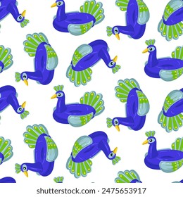 swimming circle pattern is in the form of a blue peacock with large round eyes, blue, green and a large tail. This swimming with birds is perfect for a summer themed pool party. Seamless illustration