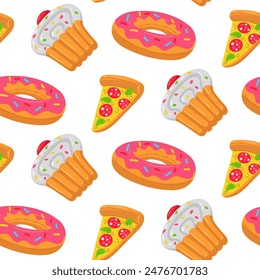 Patrón de círculo de natación en forma de donut y glaseado, un cupcake y una rebanada de pizza, comida inflable. Esta colorida almohada inflable es perfecta para una fiesta de verano en la piscina. Sin Costuras