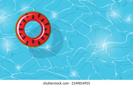 Swimming circle watermelon on water surface top view for ocean, sea, pool. Swim ring for summer party. Inflatable colorful rubber toy. Lifebyou swimming ring. Summer vacation or trip safety.