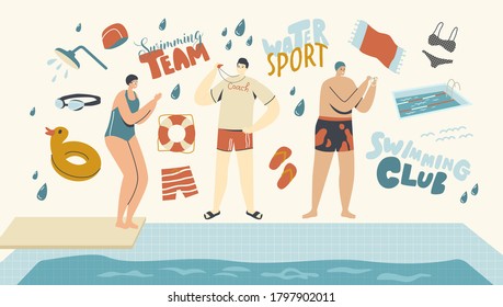 Swimming Class Coach Teaching Swimmers Characters in Pool. Woman Stand at Poolside Wear Swimming Hat and Glasses Prepare to Jump. Training, Learning to Swim, Sport. Linear People Vector Illustration