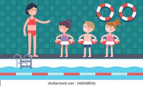 Entrenadora de clase natadora enseñando a los niños grupo de nadadores en la piscina. Felices personajes infantiles parados al lado de la piscina, usando aros de natación, entrenando, aprendiendo a nadar. Ilustración vectorial plana