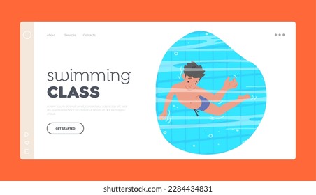Swimming Class Landing Page Template. Boy Float In Clear Water Of Pool. Child Character Relax in Peaceful Atmosphere during Weekend Recreation or Summer Holidays. Cartoon People Vector Illustration