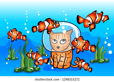 Swimming clown fish and the cat in ocean