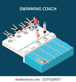 Swimming coach isometric composition with children learning hand and foot movements without water vector illustration