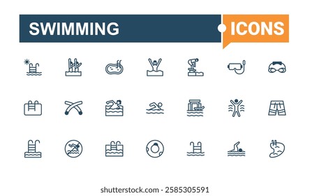 Swimming collection. Includes thin line swim, swimsuit, swimming, health, beach, exercise and more. Outline icon. Solid line editable vector illustration.