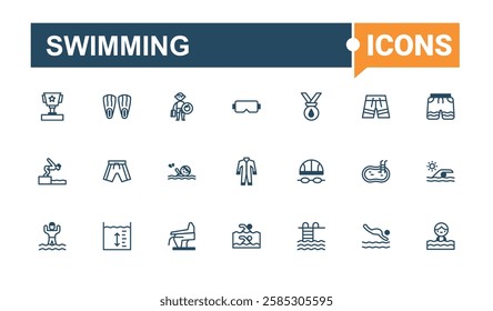 Swimming collection. Includes thin line swim, swimsuit, swimming, health, beach, exercise and more. Outline icon. Solid line editable vector illustration.