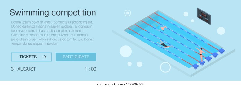 Swimming competition banner. Isometric illustration of swimming competition vector banner for web design