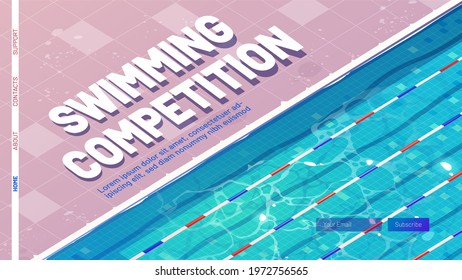 Swimming competition cartoon landing page. Sport pool, top view with blue ripped water, ceramics floor and lanes or paths for dip. Empty reservoir for sports activity and training, vector web banner