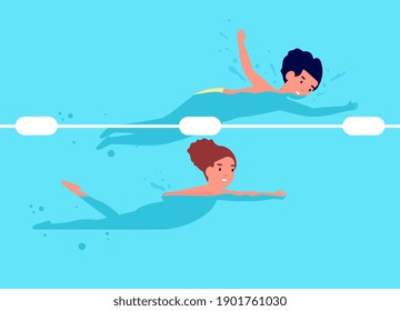 Swimming competition. Kids swim, cartoon happy child recreation. Boy girl in pool, sport or healthy water activity utter vector characters