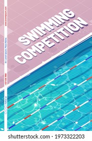 Swimming Competition Poster With Top View Of Empty Pool With Blue Water And Lane Markers. Vector Flyer Of Swim Race Sport Challenge With Cartoon Illustration Of Public Pool