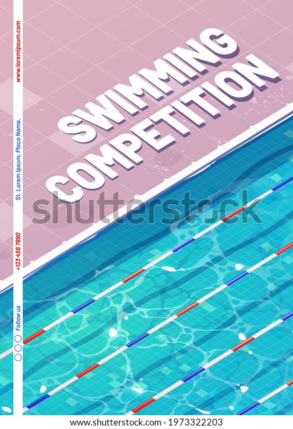 Swimming competition\
poster with top view of empty pool with blue water and lane\
markers. Vector flyer of swim race sport challenge with cartoon\
illustration of public\
pool