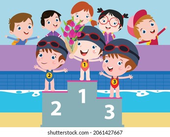 Swimming competition vector concept: Group of children doing swimming competition in swimming pool while standing in place podium