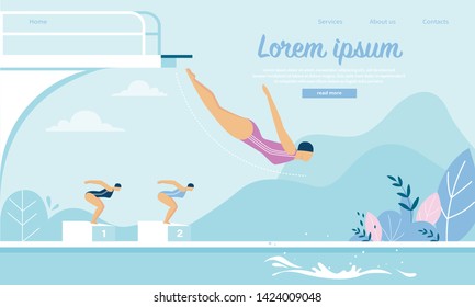 Swimming Competition With Young Sportswomen Jumping Into Water In Outdoors Pool Or Pond. Girls Swimmers Take Part In Tournament, Sport Lifestyle Activity. Cartoon Flat Vector Illustration, Banner