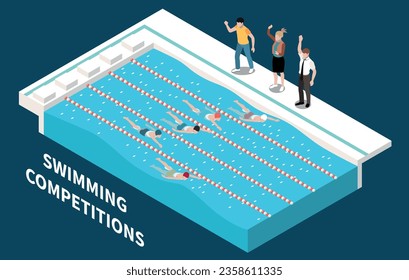 Concursos de natación fondo isométrico con entrenadores dando instrucciones a varios atletas durante la ilustración vectorial de la raza de piscina