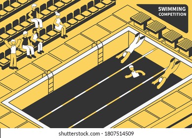 Swimming competitions isometric composition with view of pool with swimmers and stadium stand with fans vector illustration