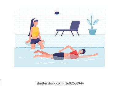 Swimming concept with character. Can use for web banner, mobile app, hero images. Flat vector illustration on white background.