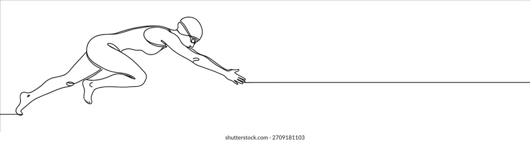 Swimming concept continuous one line drawing. Hand drawn woman ready to jump into the water..