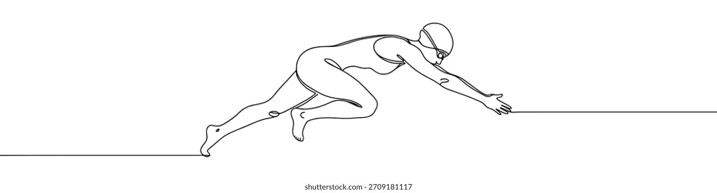 Swimming concept continuous one line drawing. Hand drawn woman ready to jump into the water..