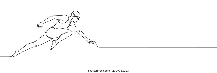 Concepto de natación de dibujo continuo de una línea. Mujer dibujada a mano lista para saltar al agua.