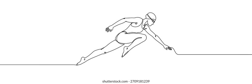 Concepto de natación de dibujo continuo de una línea. Mujer dibujada a mano lista para saltar al agua.