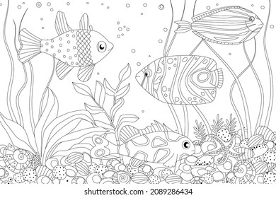 swimming cute fish above of pebbly bottom with seaweed and starfish. underwater landscape  for your coloring book