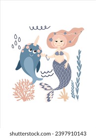 Swimming cute mermaid and cartoon narwhal under the sea among the seaweed and corals, vector hand drawn illustration