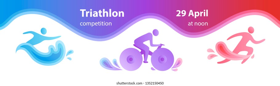Swimming, cycling, and running triathlon milestones horizontal banner template. Colorful vector illustration for web and printing.