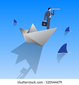 Swimming in dangerous water business concept. Confident businessman in business suit with case and looking glass swimming on paper boat in sea full of shark fin. Vector illustration.
