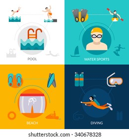 Swimming design concept set with water sports flat icons isolated vector illustration