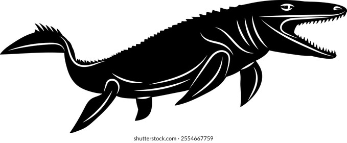 swimming dinosaur silhouette on white background, vector