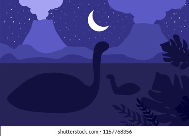 Swimming dinosaurs. Night nature scene. Volcanoes panorama. Vector