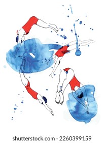 Swimming dive water swimmers splash abstract illustration. Red blue vector.