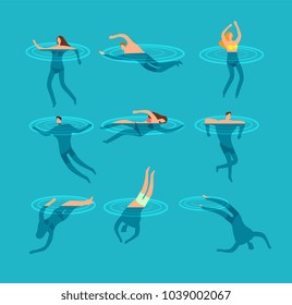 Swimming and diving people in swimming pool cartoon vector illustration. Swim sport and dive in sea.