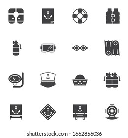 Swimming & diving vector icons set, modern solid symbol collection, filled style pictogram pack. Signs, logo illustration. Set includes icons as flippers, diving oxygen cylinder, mask, scuba tank