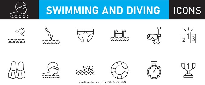 Swimming and diving vector line icon set featuring diver on starting platform, headfirst entry dive, swim briefs, pool ladder, snorkel mask, winner podium, flippers, swimmer with cap and goggles, front crawl stroke, lifebuoy, stopwatch, and championship trophy cup isolated on white background.