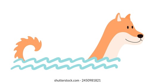 Swimming dog cute cartoon character illustration. Hand drawn flat style design, isolated vector. Summer holidays, vacations, outdoors, beach activity, pool party, seasonal element