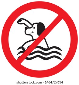 Swimming Dog, Red Frame , Vector Icon. Black Silhouette Of Dog At Water At Red Circle Frame. No Bathing Dogs.	