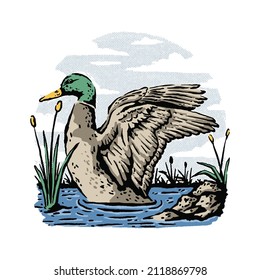 Swimming duck in the lake illustration