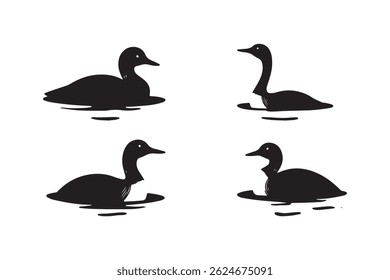 Swimming Duck Silhouette Set Waterfowl Vector Icons
