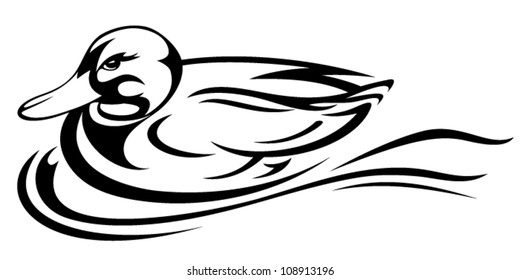 swimming duck vector illustration - black and white outline