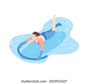 Swimming equipment and aids isometric composition with woman floating with flexible tube vector illustration