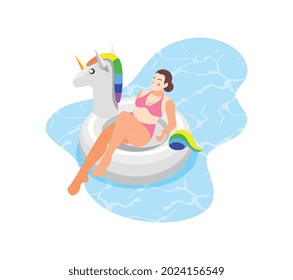 Swimming equipment and aids isometric composition with female character swimming on unicorn shaped inflatable ring vector illustration