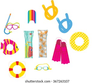 Swimming equipment. Flippers, ring, goggles, noodle, mask and snorkel, lilos