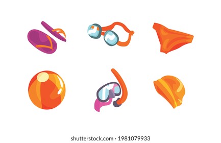 Swimming Equipment with Goggles, Bathing Cap and Snorkeling Mask Vector Set