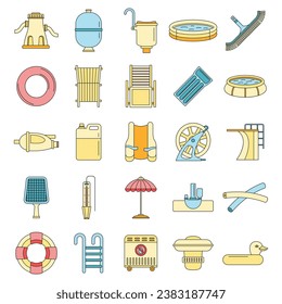Swimming equipment icon set. Outline set of swimming equipment vector icons thin line color flat on white